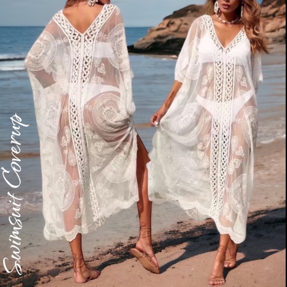✨NEW✨ Sheer Cover-Up Mesh Lace Maxi Beach Swimsuit Caftan Women’s ONE SIZE OS - Picture 12 of 12